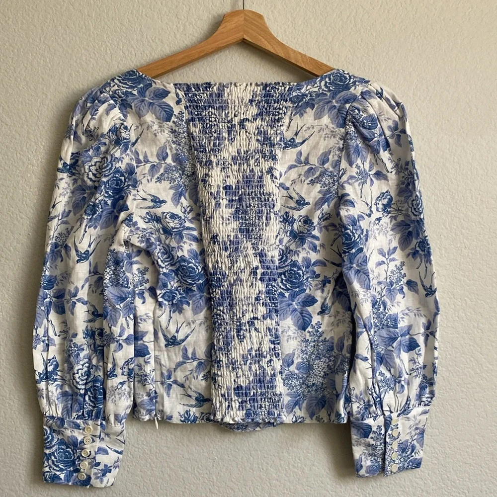 Reformation Linen Stilton Floral Romantic Square Neck Long Sleeve Top Size 10 - Picture 8 of 16